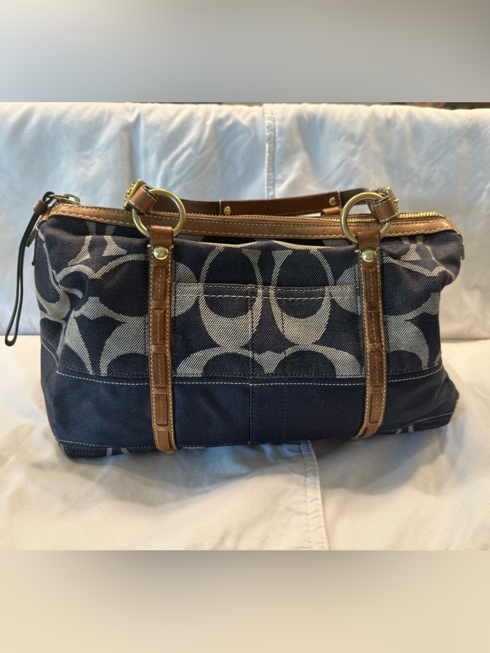 Vintage Coach Signature Striped Blue Denim Medium Zip Satchel